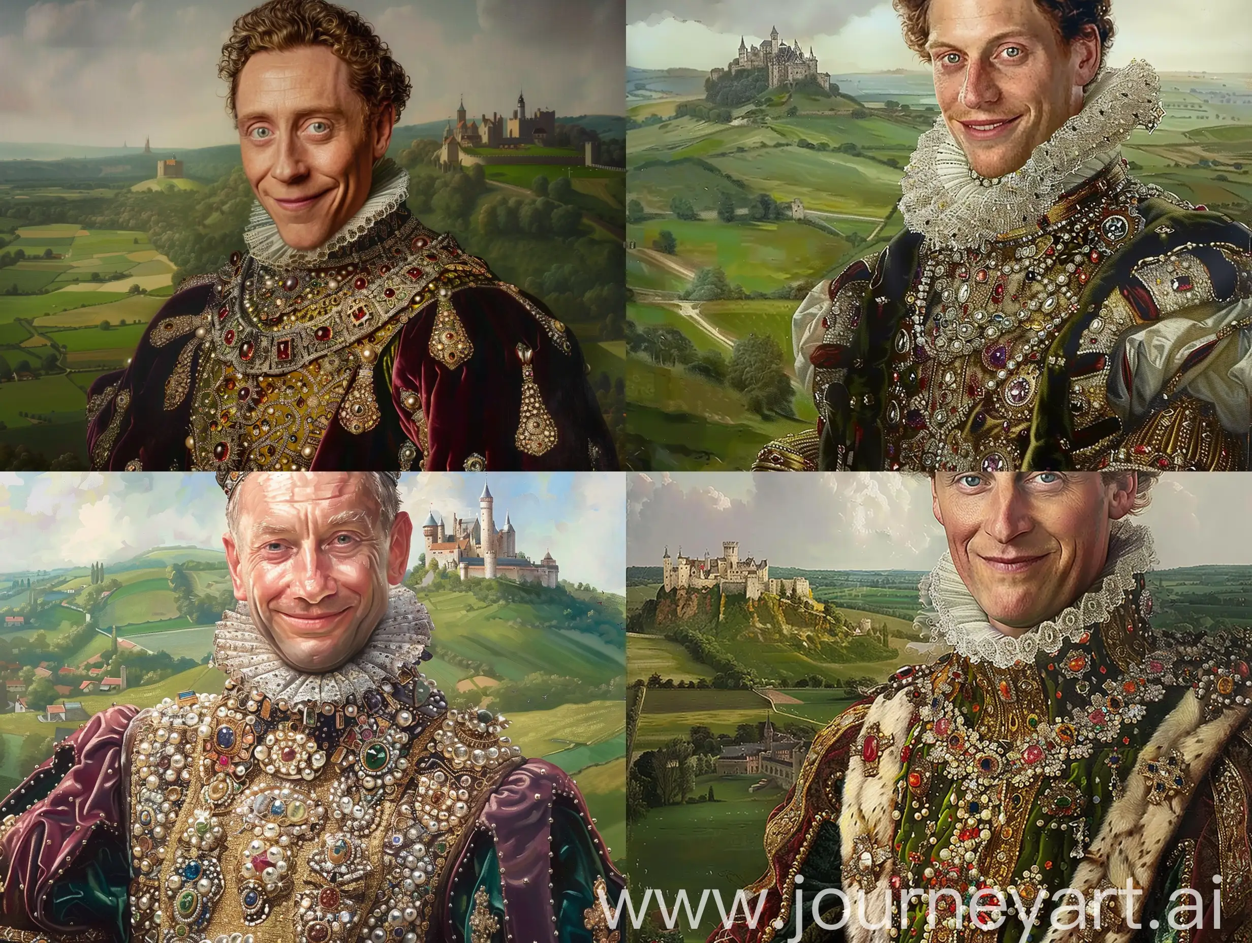 a slick oil painting of king Henry V111 looking very handsome, his costume covered in elaborate jewels and velvet. He has warm smiling shiny eyes and a slight subtle smile. behind him are green medieval  pastures and a castle on a hill.