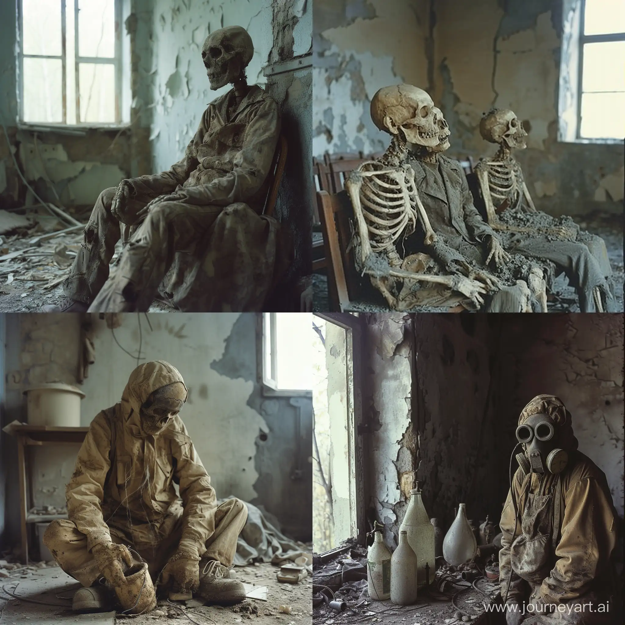 Image of Humans living in the aftermath of Chernobyl, unhinged, zombie core, morbid core, attention to detail, nightmare fuel, photo taken on provia