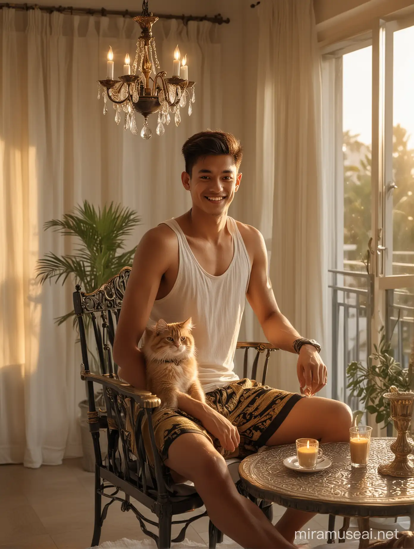 Luxurious Morning Handsome Man Relaxing with Persian Cat in Elegant Setting
