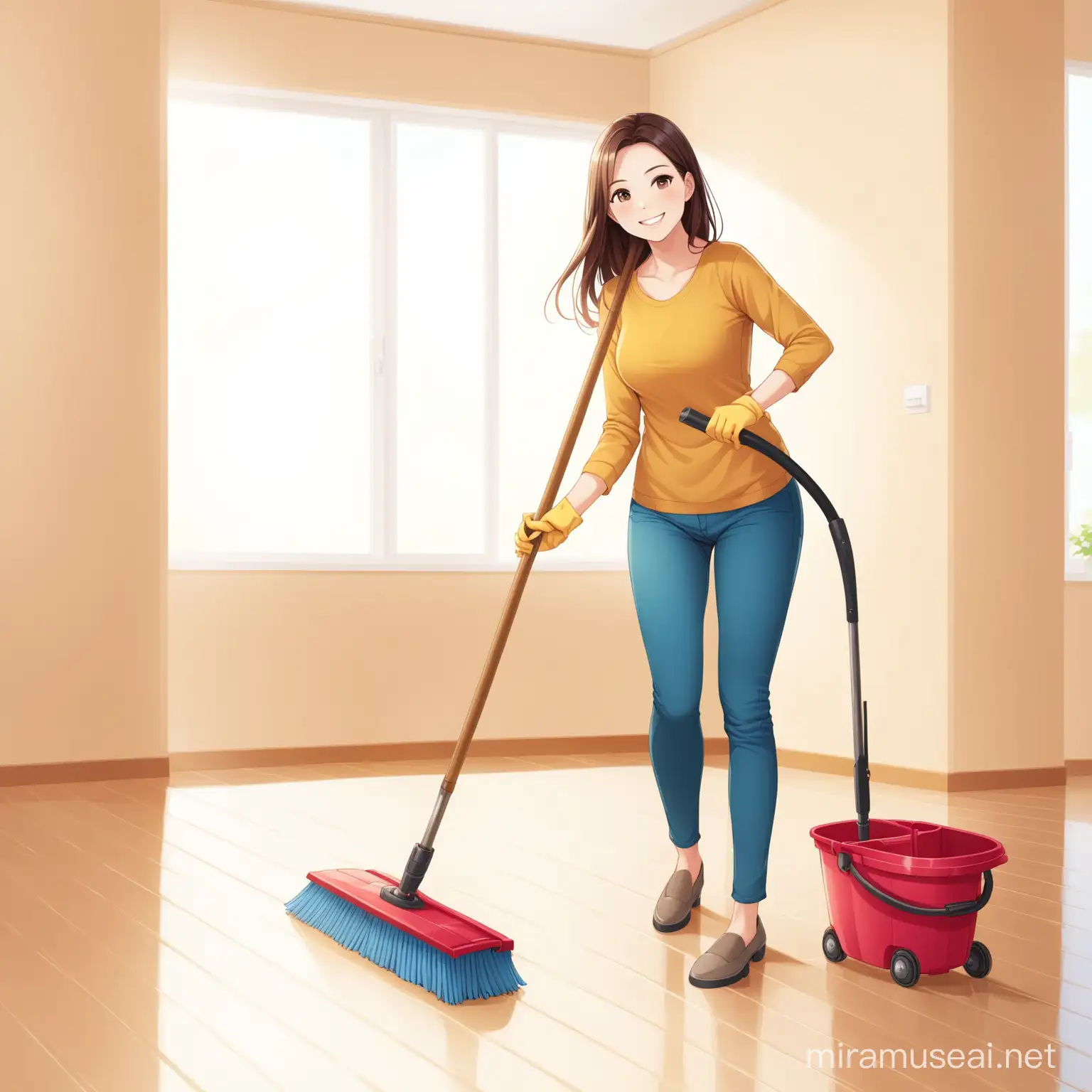 femme souriante nettoyant le sol avec son balais