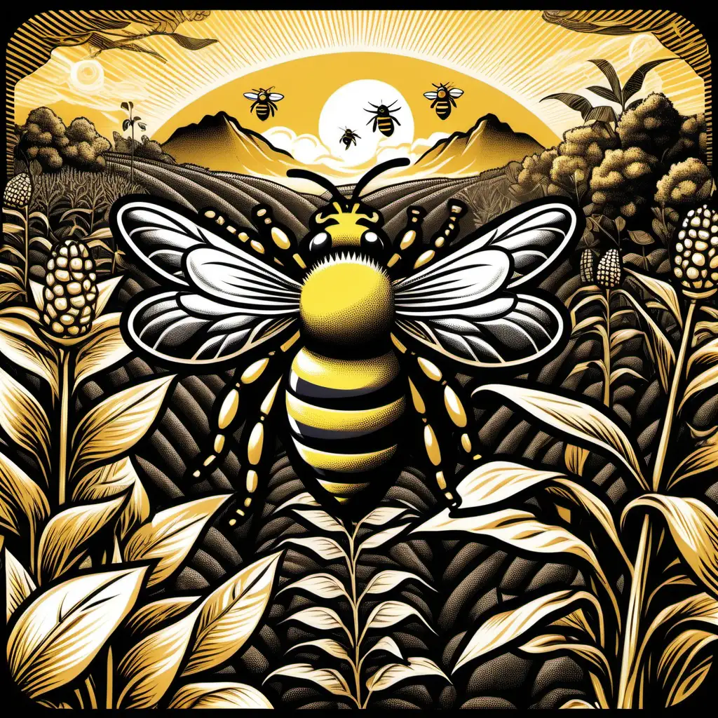 a huge bee in a flower (classic yellow and black),  black and white icon style, with depiction of tropical hill behind (with coffee plants, corn plants, beans plants, sorghum plants). No midjourney watermark Im PRO 