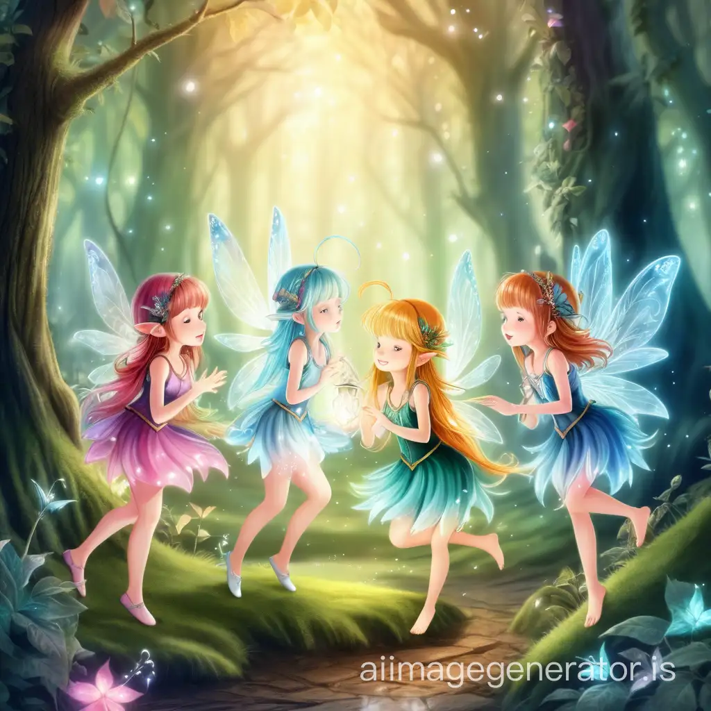 four fairies in magical forest