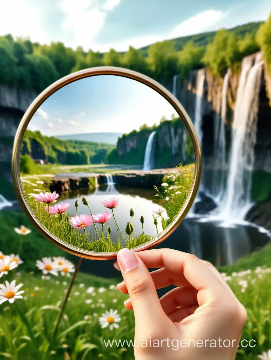 Женская рука держит большое, круглое зеркало, с кольцом, в зеркале отрожение красивого пейзажа и водопада, цветущем поле.