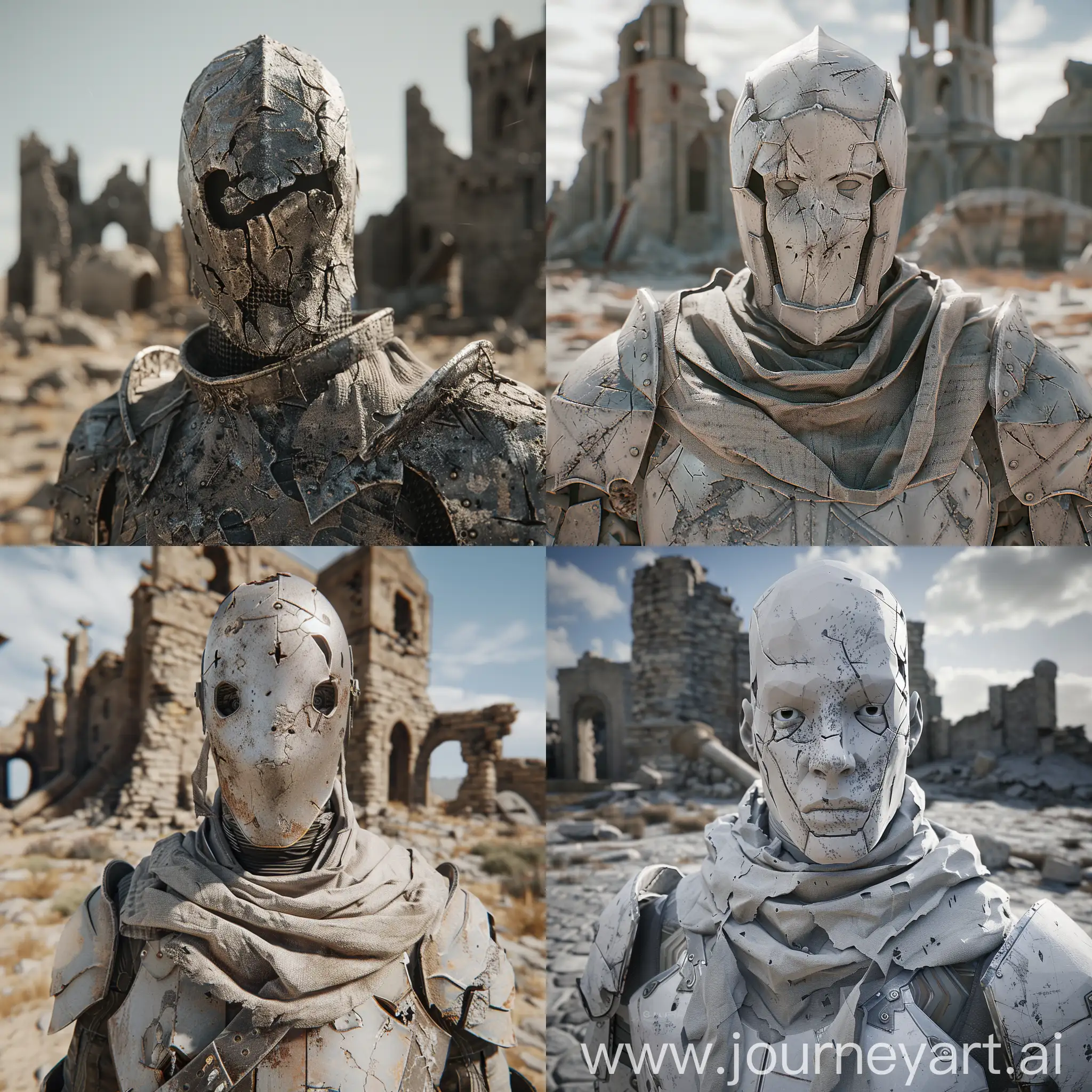 masterpiece, high poly, highly detailed, 4k, high resolution, lifeless, featureless face, medieval, knight like, light armour, desolate, empty, holy, armoured robot, light armour, fantasy humanoid, old, broken armour, torn fabric, time worn, ultra realistic, unreal engine 5, cinematic lighting, magic, destroyed castle ruins in background