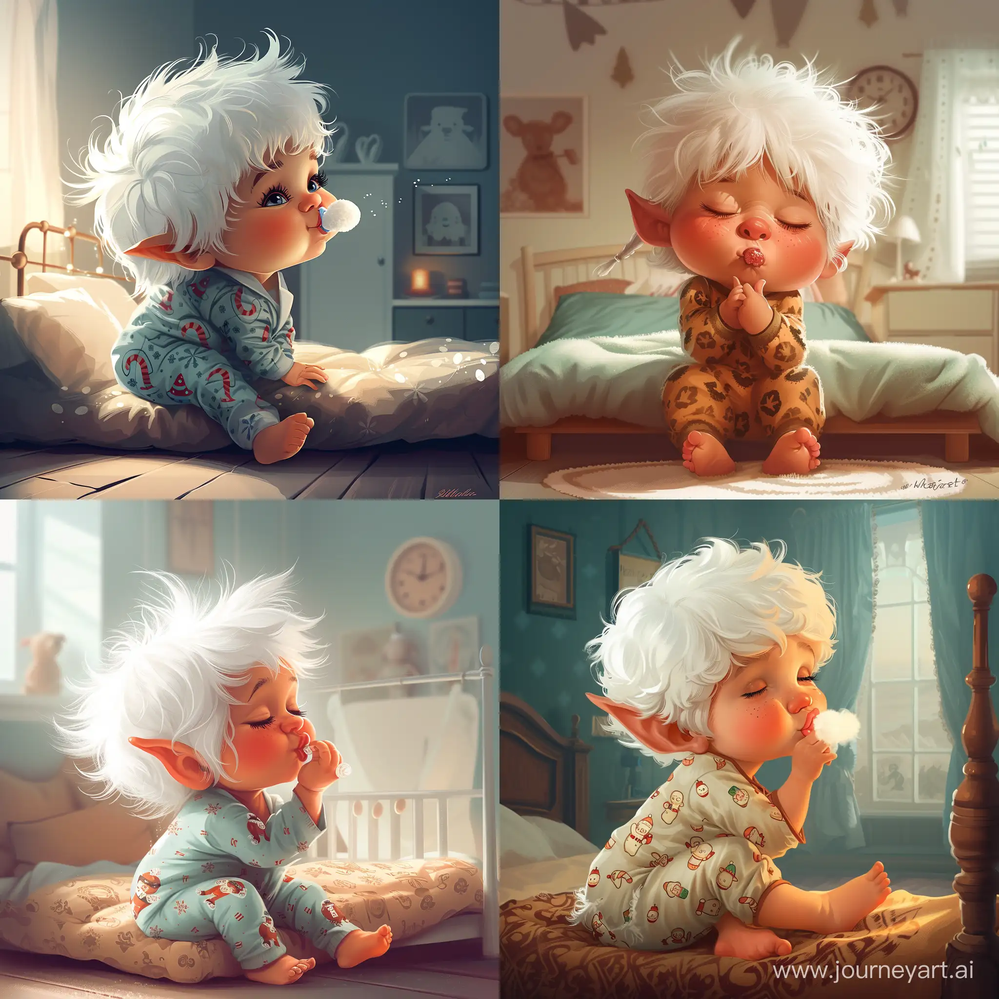 cute fluffy Elf baby with a white wig and wearing pajamas. Sitting on a cosy bed. Blowing a goodnight kiss. Bedroom background, in digital cartoon style --v 6 --ar 1:1 --no 68523