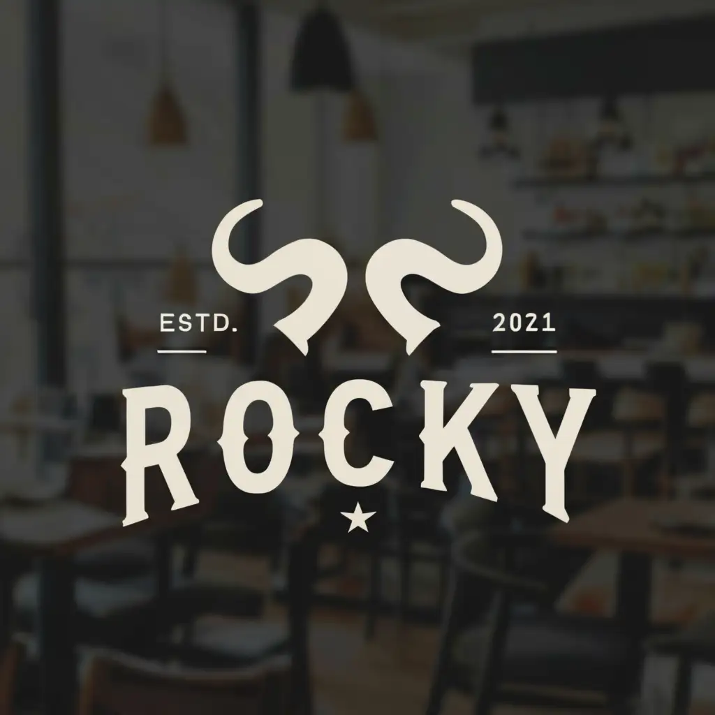 a logo design,with the text "Rocky", main symbol:bull horns,Minimalistic,be used in Restaurant industry,clear background