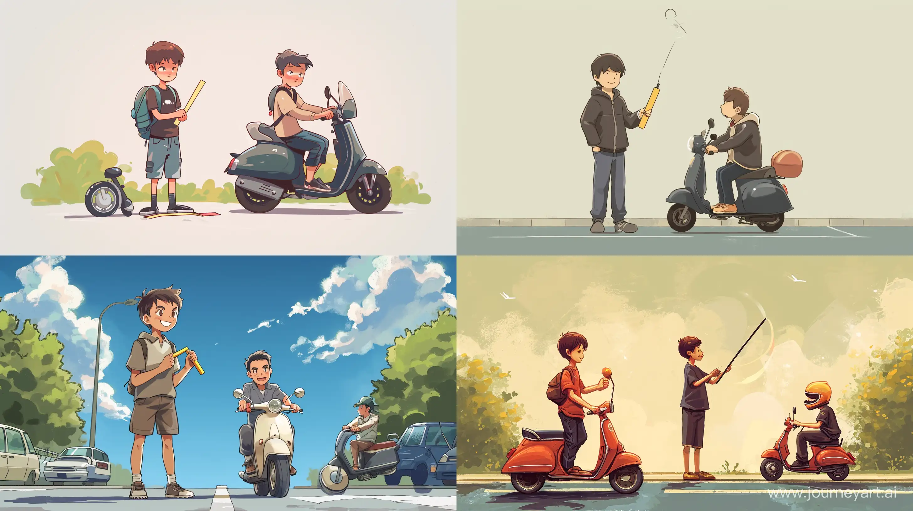 2 boy, anime style, a boy standing hold a chalk, beside him is a man ride a motorbike (scooter), slightly chibi style, best quality, shounen manga style , parking slot background --q 2 --v 6 --ar 16:9