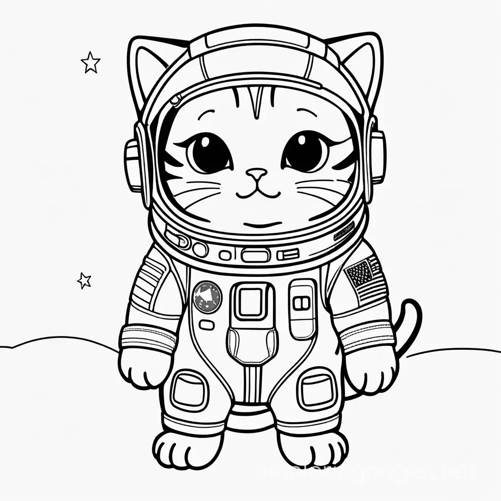 a kitten in an astronaut's spacesuit, Coloring Page, black and white, line art, white background, Simplicity, Ample White Space. The background of the coloring page is plain white to make it easy for young children to color within the lines. The outlines of all the subjects are easy to distinguish, making it simple for kids to color without too much difficulty