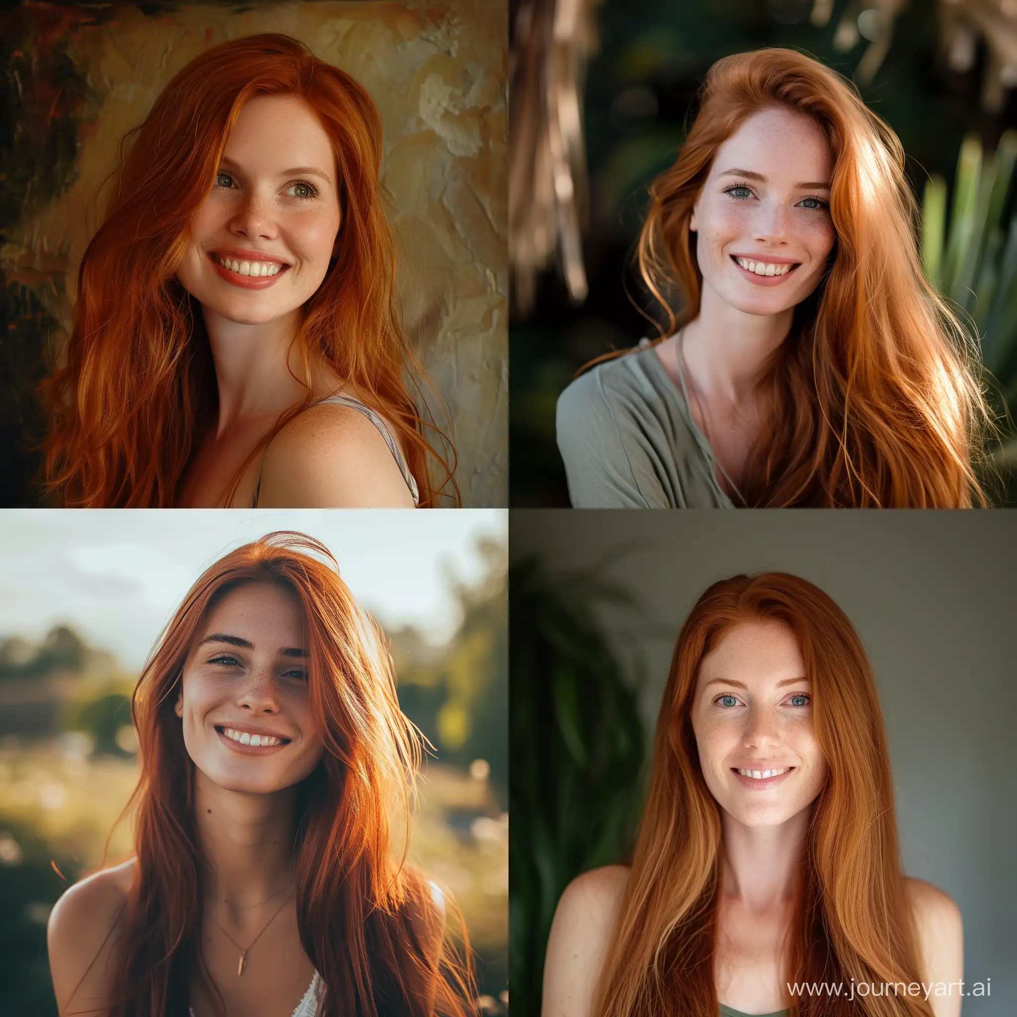 woman portrait, long red hair, smile