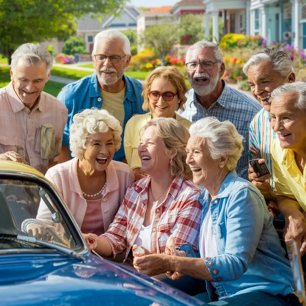 Depict a diverse group of attractive elderly neighbors, exuding warmth and charisma, gathering around a car in a vibrant suburban neighborhood. Show them sharing laughter and camaraderie, their relaxed attire hinting at their active lifestyle. In the background, portray a picturesque setting with lush greenery and colorful flowers, emphasizing the sense of community and togetherness.