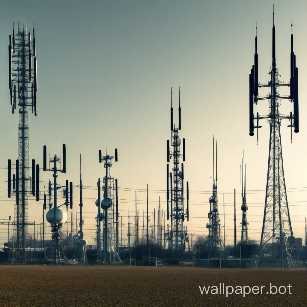 Many 5G-celltowers with many antennas next to many gigantic galllows .