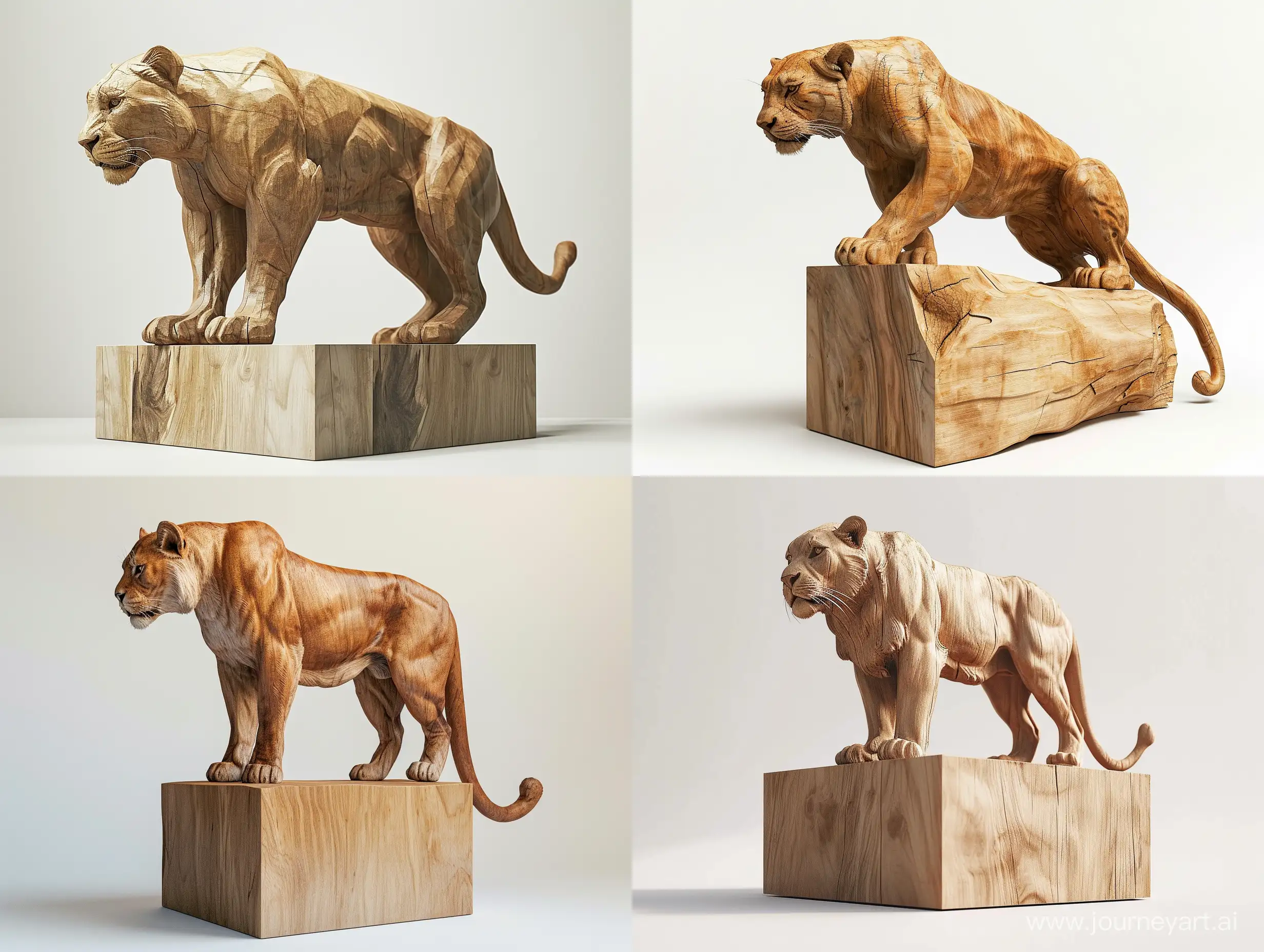 Professional sketch for wooden sculpture, a full-length Panthera leo full-face and in profile on a large wooden cube, professional dynamic character, front back view and side view, wood carving, white background, 8k Render, ultra realistic