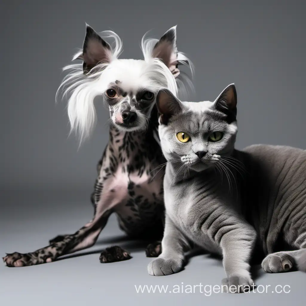 Chinese-Crested-Dog-Playfully-Bites-Gray-British-Shorthair-Cat