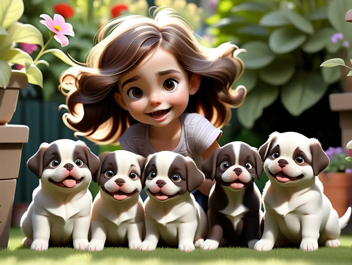 nice young  girl with medium large  browm hair, playing in the garden with four litle happy puppies