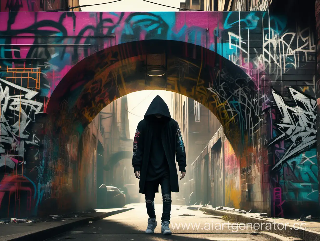 a young man in a black hood walks along a street arch painted with graffiti, in cyber punk style, high detail.