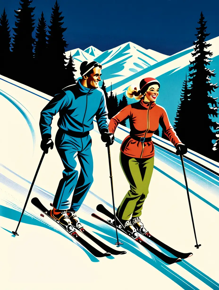 Couple Skiing Amidst Picturesque Windmills