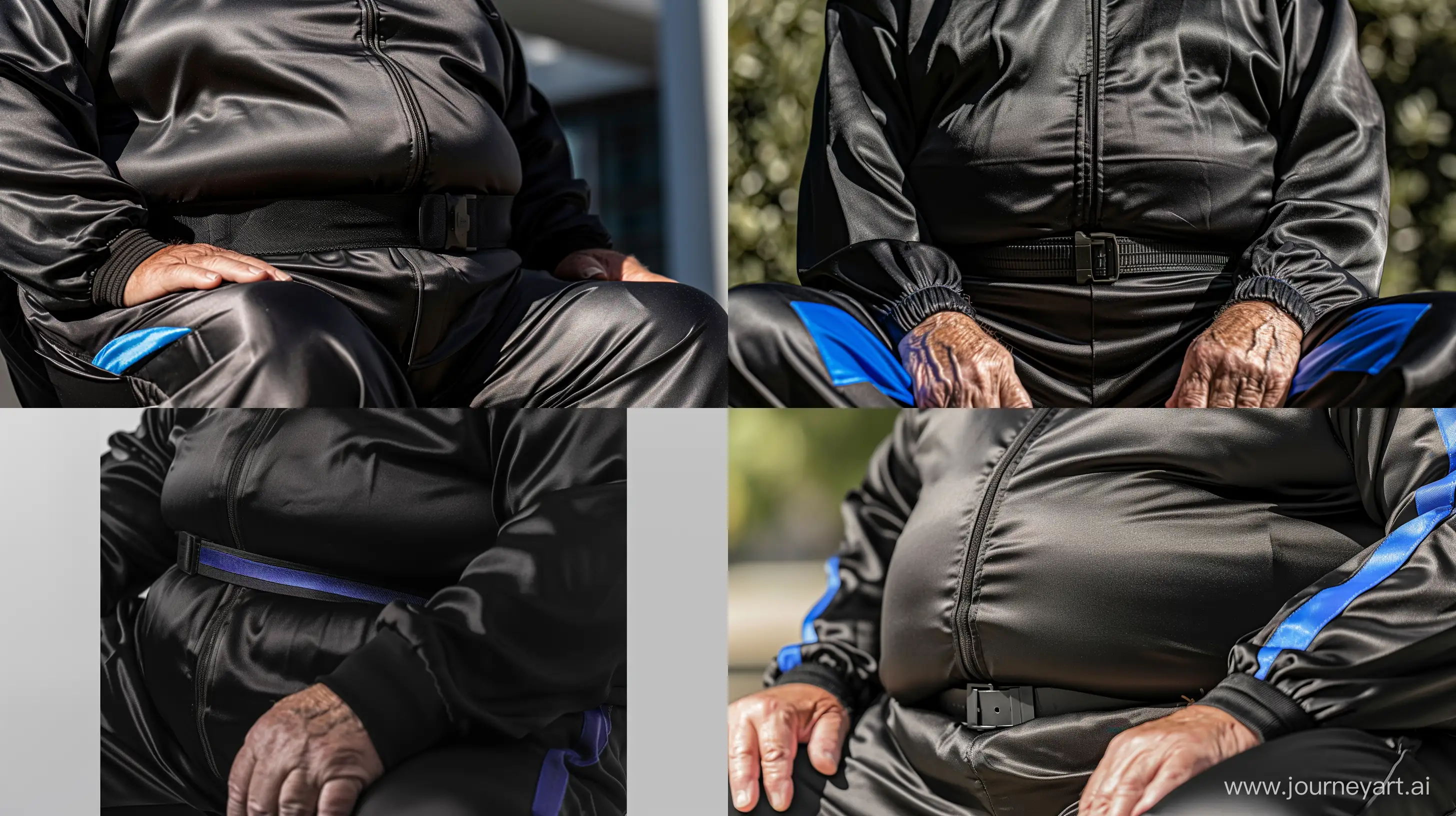 Front view portrait zoomed in photo centered on the waist of a chubby man aged 70 wearing a silky black tracksuit. There is a royal blue vertical stripe only on the side of the pants. He is sitting. Black tactical belt. Outside. --style raw --ar 16:9 --v 6