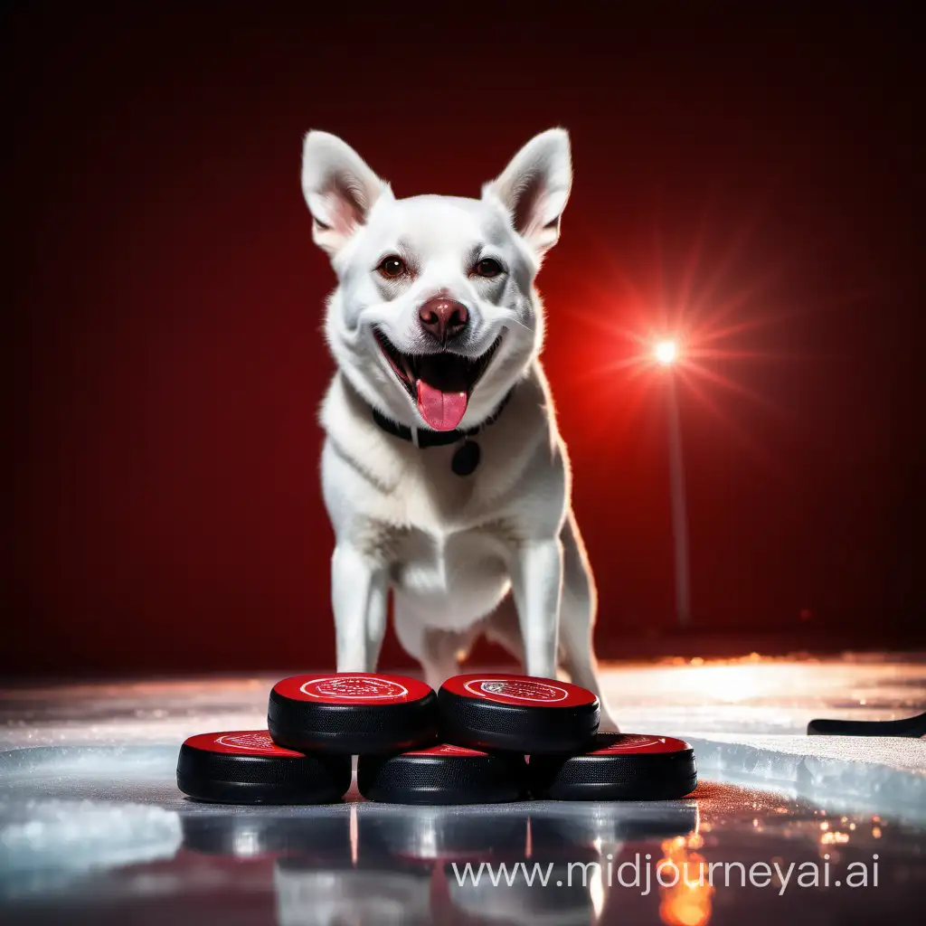 smile dog on ice and hockey pucks, dramatic light, red background