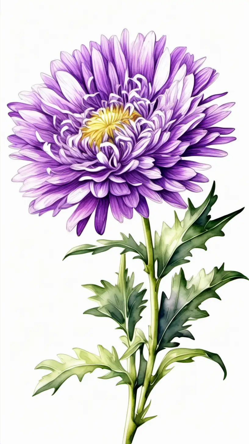 pure violet single aster flower with long stem in and detailed petals in white background in watercolor pseudo style, leaning to the left, vibrant 