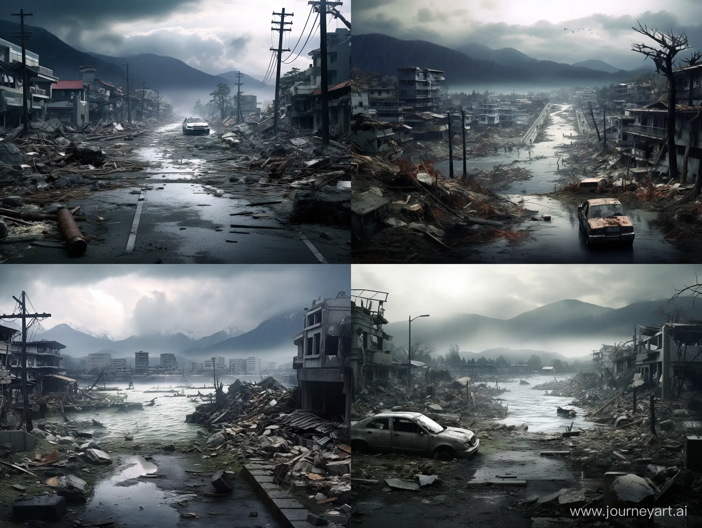 Dramatic-Photorealistic-Depiction-of-a-Japanese-City-Devastated-by-Tsunami-on-a-Cloudy-Day