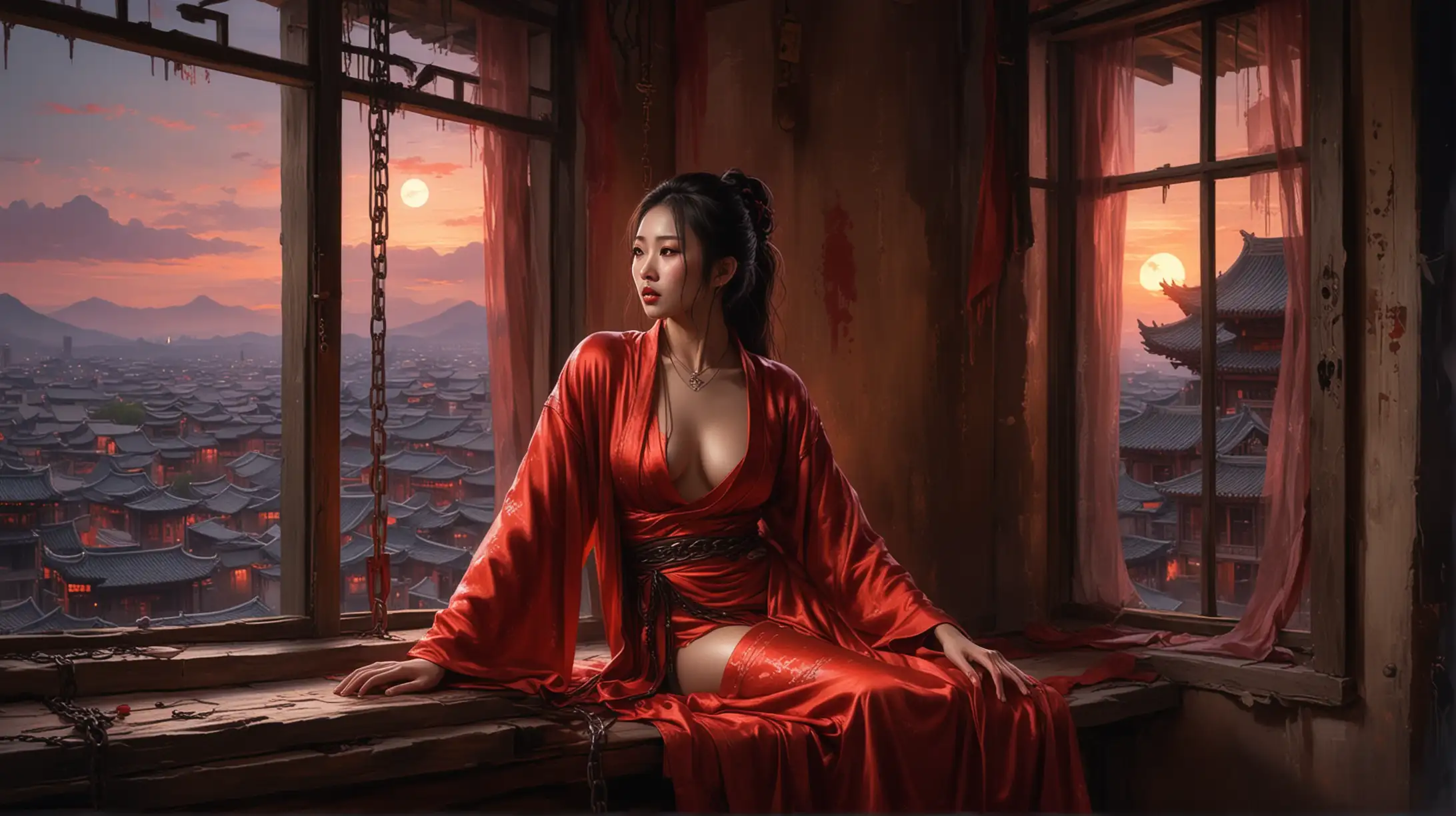 painting of an alluring chinese female vampire in a dishevelled silk robe, she is chained up and held prisoner in a small attic room, window looks out over medieval Chinese city, mysterious red-tinged moonlight 