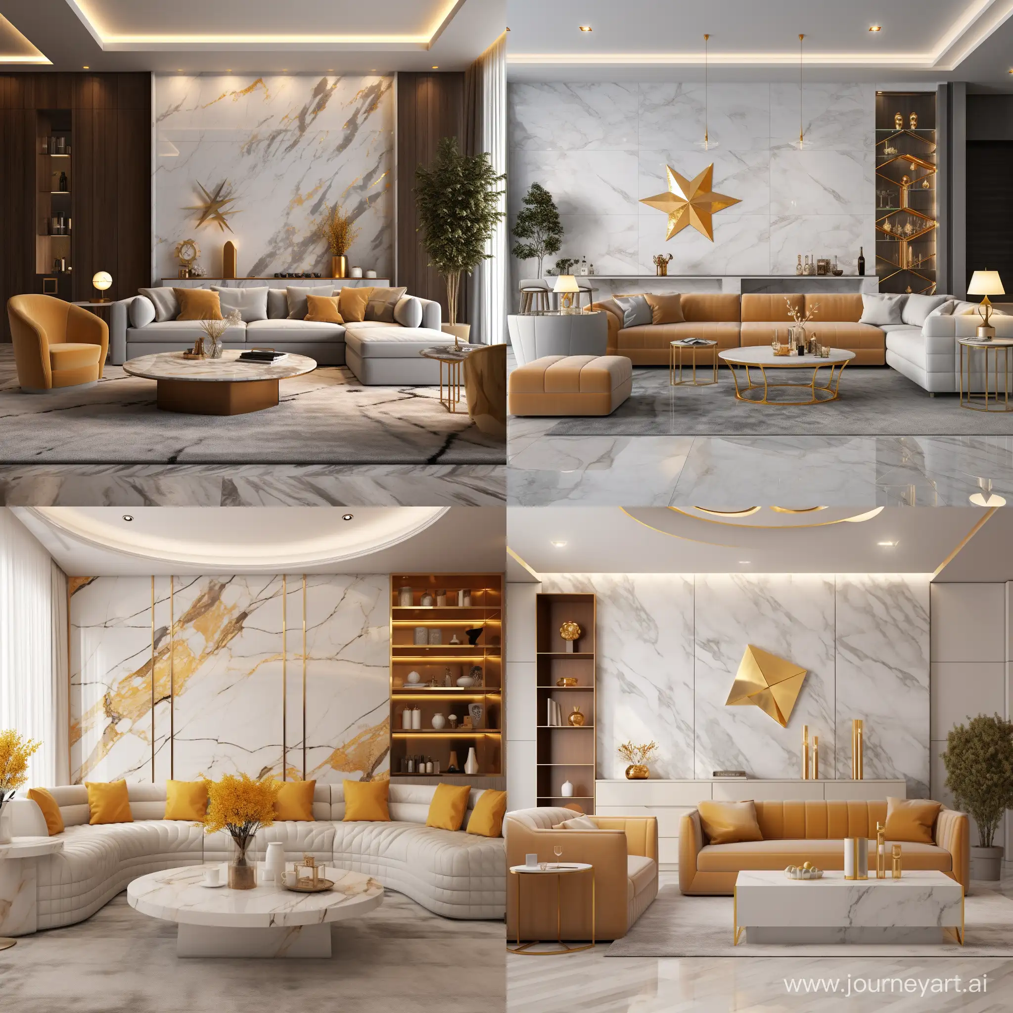 A luxurious and modern interior design featuring a beautiful decorative white marble case with golden veins and a golden star pattern strap. The box is placed on a wooden surface and contains some grade 1 saffron. The room has contemporary lighting fixtures suspended from the ceiling and wall sconces that cast a warm glow. Modern furniture including sofas and tables can be seen in the background, placed in front of large windows that let in plenty of natural light. Wooden elements are prominent in the room design, including floor and wall coverings.