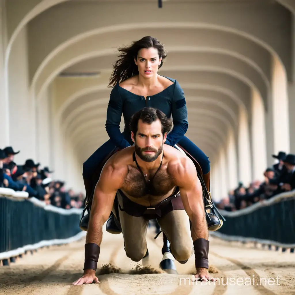 Open place, trotting track. Young woman equestrian rider, riding on the back of actor Henry Cavill. Cavill, 100% human, human legs, very bearded, athletic, shirtless, hairy chest and body, rag slip underwear, serious look. Young woman equestrian rider, in clothes for riding.