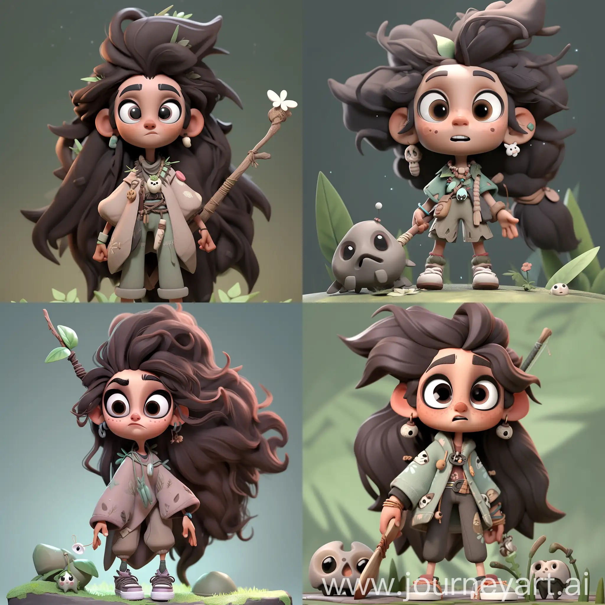 Celestial boho girl, she is wearing muddy dark green loose jacket and light green skir, long loose white socks, lots of thin bone necklaces with pendants and small Bandages, her witchy brown hair is in a messy bun with a magic leafy wand as a hair stick, lost in jungle, fullbody pose, 3d render, pixar style character --niji 5 --style expressive