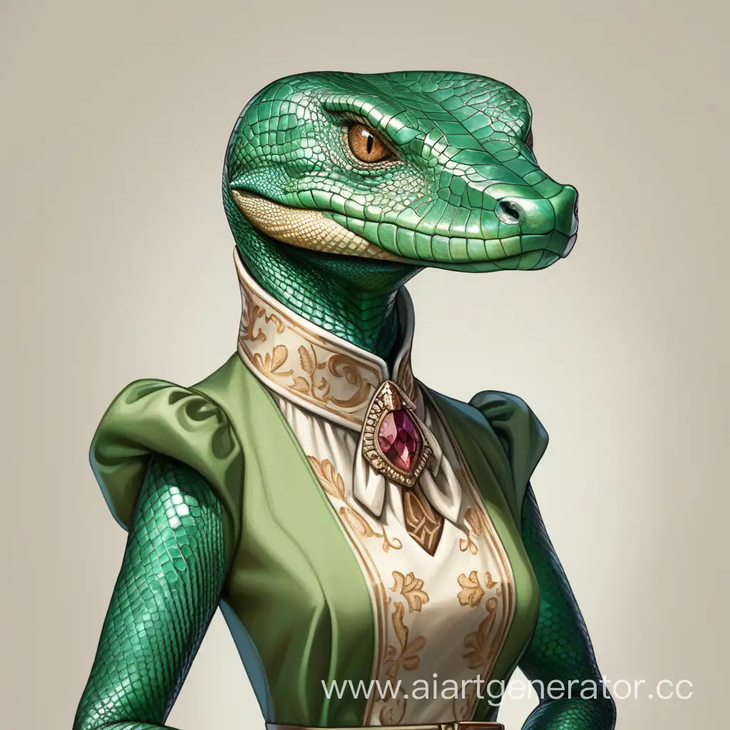 Enchanting-Emerald-Monitor-LizardWoman-in-Elegant-BrownEyed-Attire