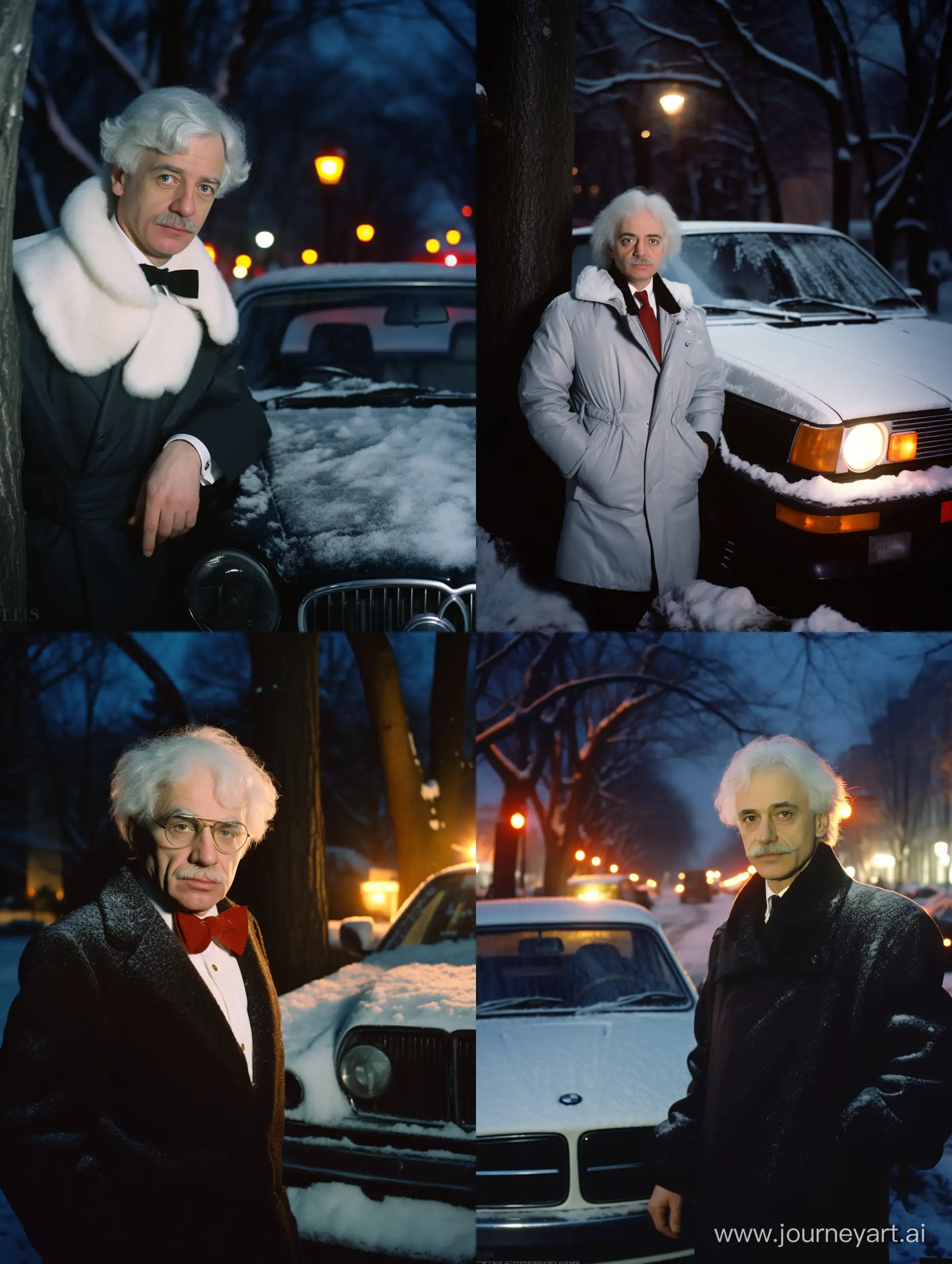 A АЛЬФРЕД ЭЙНШТЕЙН with БЕЛЫЕ hair, in the 80s and 90s of the USSR, stylishly dressed, standing next to a car BMW , it's snowing in winter, the lights are on in the evening, снято на Nikon AF-S NIKKOR 14-24mm f/2.Объектив 8G ED, Дневной свет, Фото на Ночном кладбище, Неоновый свет