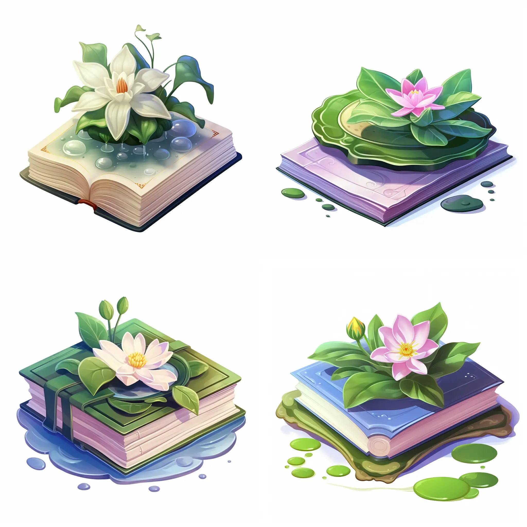 magic book icon with a lily pad on the cover, on a white background, watercolor, studio ghibli style, isometric, accurate and detailed, in cartoon style