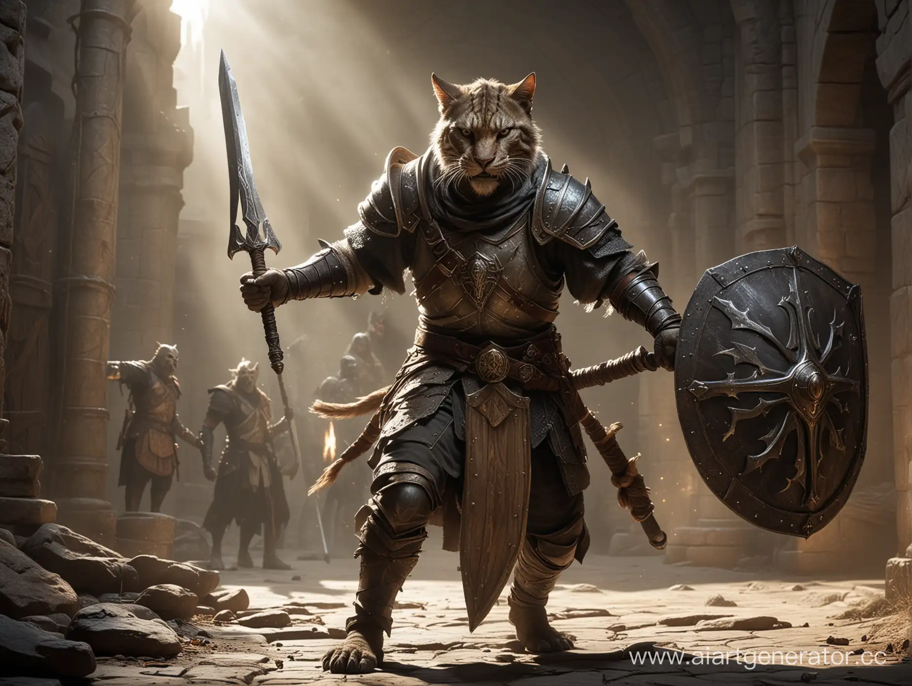Khajiit-Healer-Flee-to-Dungeon-with-Glowing-Staff-and-Encouraging-Knight