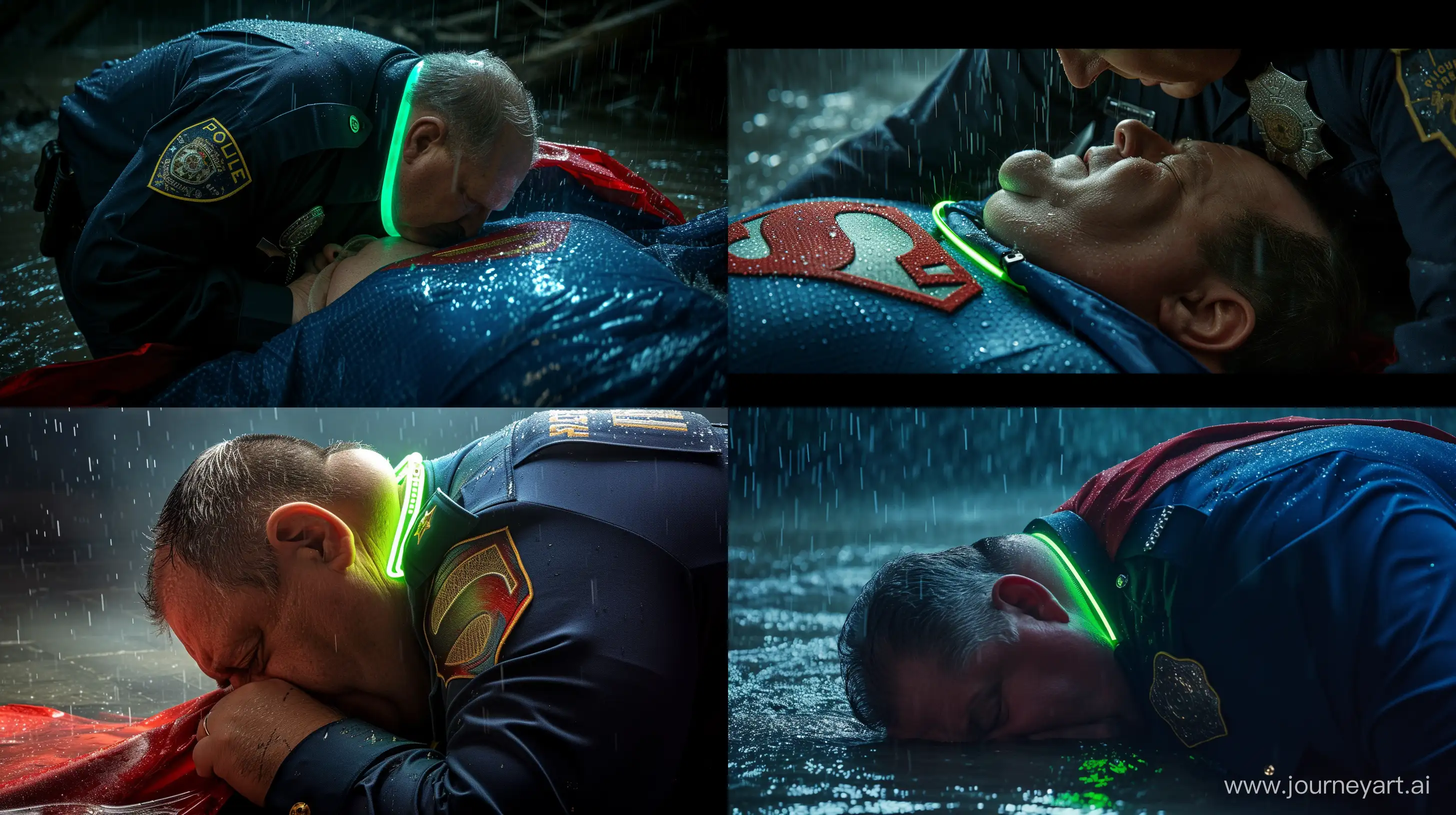 Close-up photo of a fat man aged 60 wearing a french navy police uniform. Bending behind and tightening a tight green glowing neon dog collar on the nape of a fat man aged 60 wearing a tight blue 1978 smooth superman costume with a red cape lying in the rain. Natural Light. River. --style raw --ar 16:9