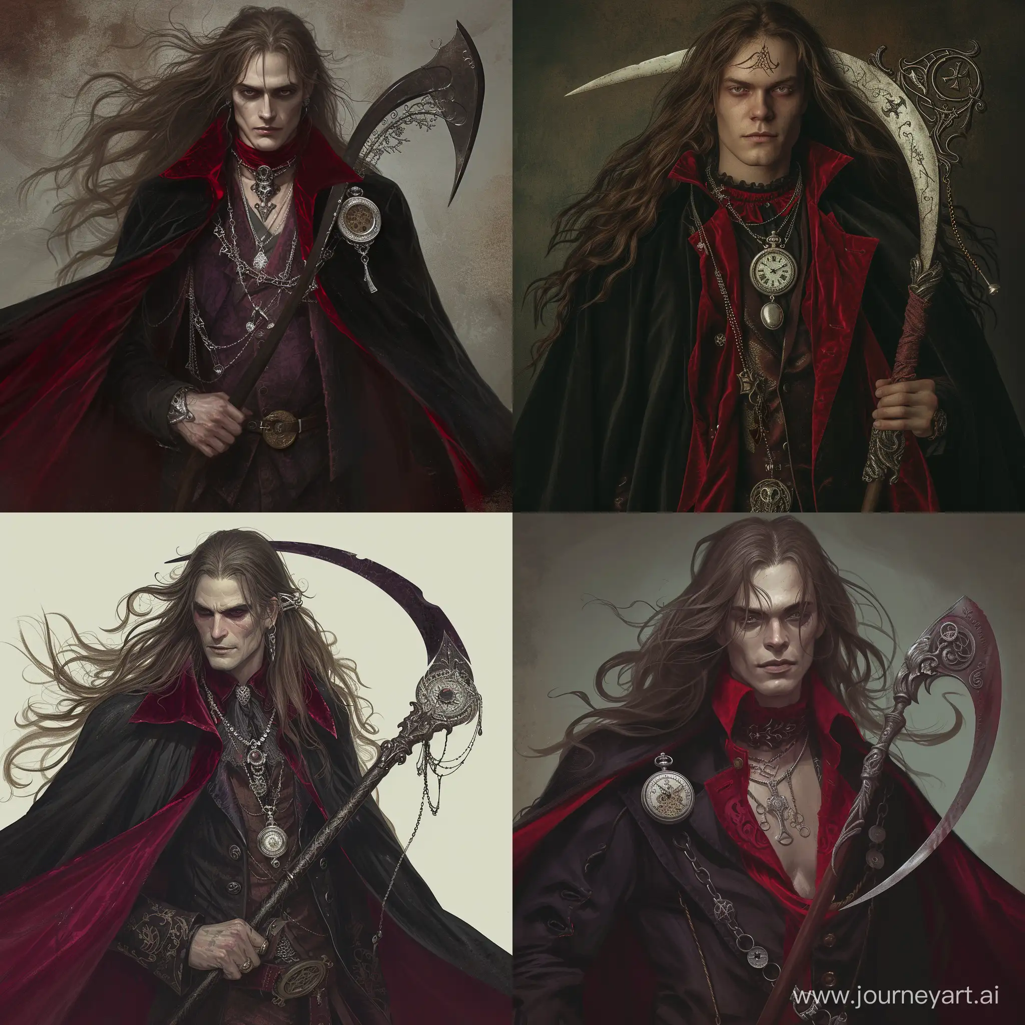 A man wearing  A flowing, obsidian cloak with crimson lining, paired with long, wavy onyx hair. A blood-red velvet choker with a silver pendant accentuates the pale complexion of the wearer, A pocket watch adorned with gothic motifs, and a silver filigree hairpin, wielding a sinister scythe with a curved blade, etched with eldritch symbols and exuding an aura of darkness, 1970's dark fantasy style, bloodborne style, souls like game, gritty, detailed