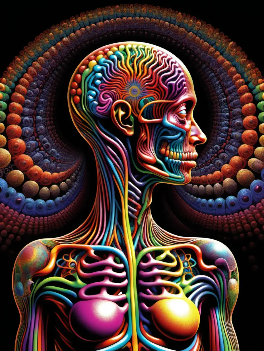 psychedelic art showing the details of the human body
on a black background 
use lots of colour