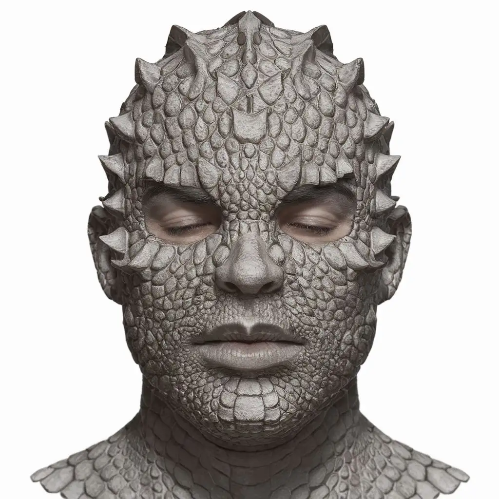 Crocodile scales in a man face drawing 3d