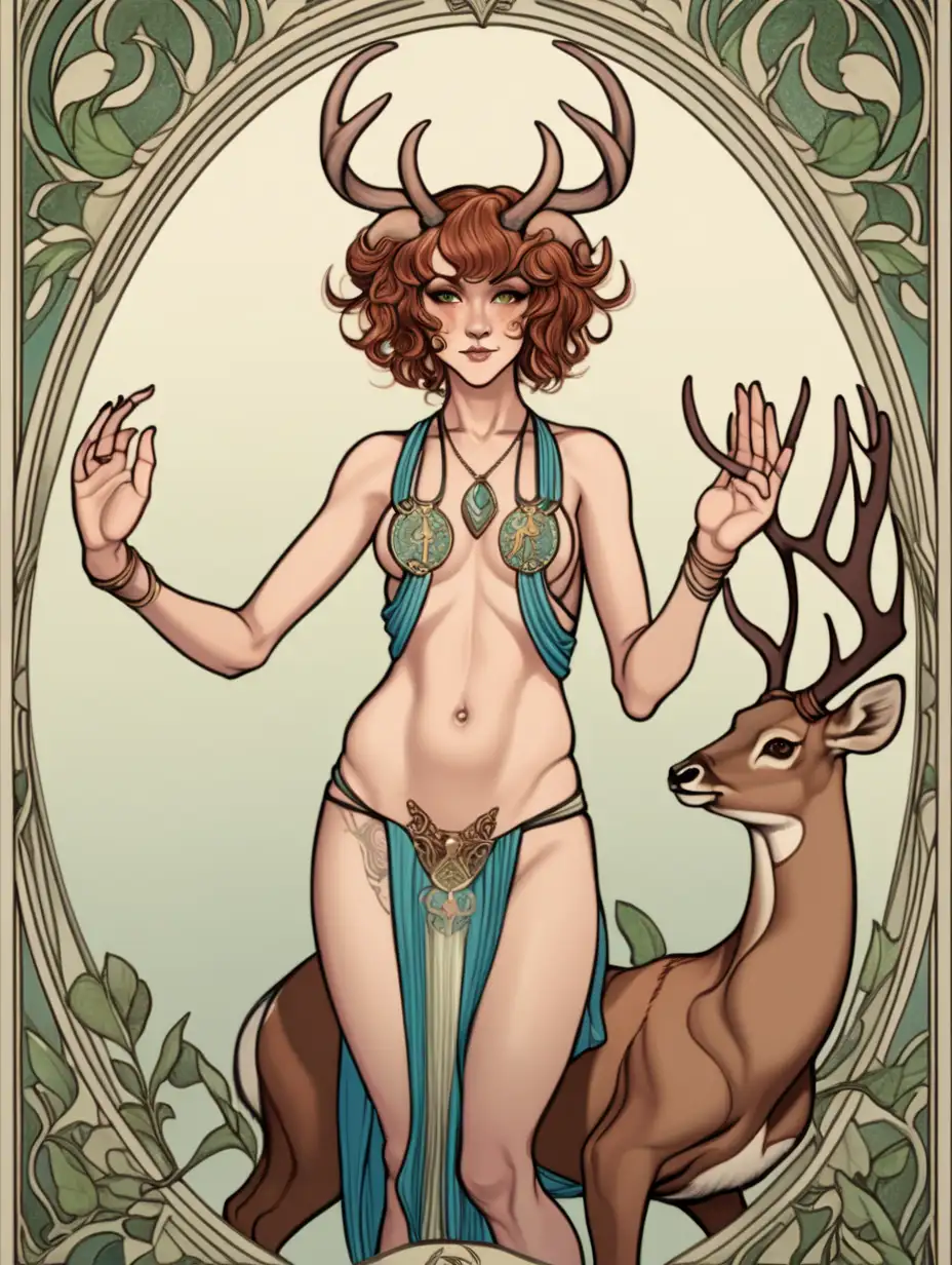 Serim, genderfluid trans fem, 40 year old, cute satyr girl with short horns and a deer tail,art neuvo tarrot style
