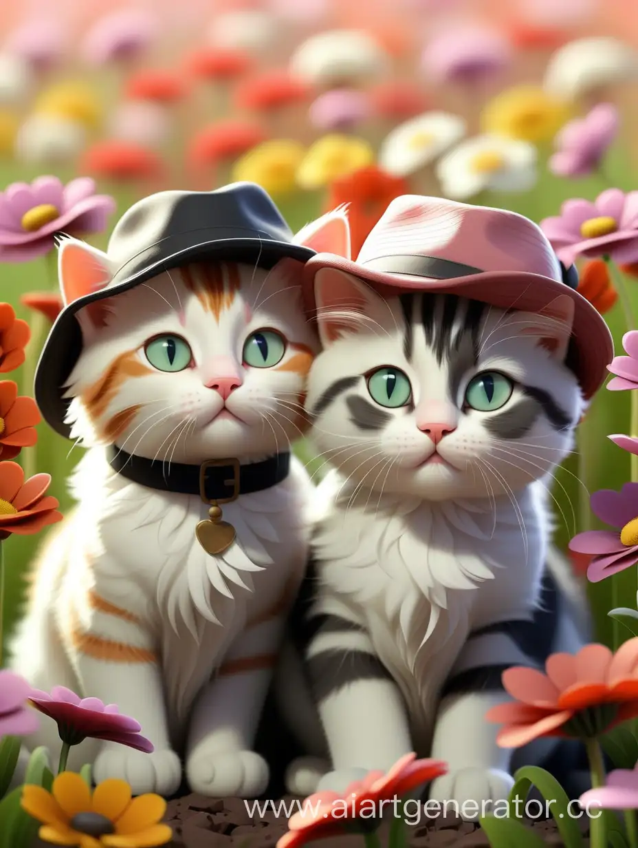 Cute cats in hats on the background of a flower field