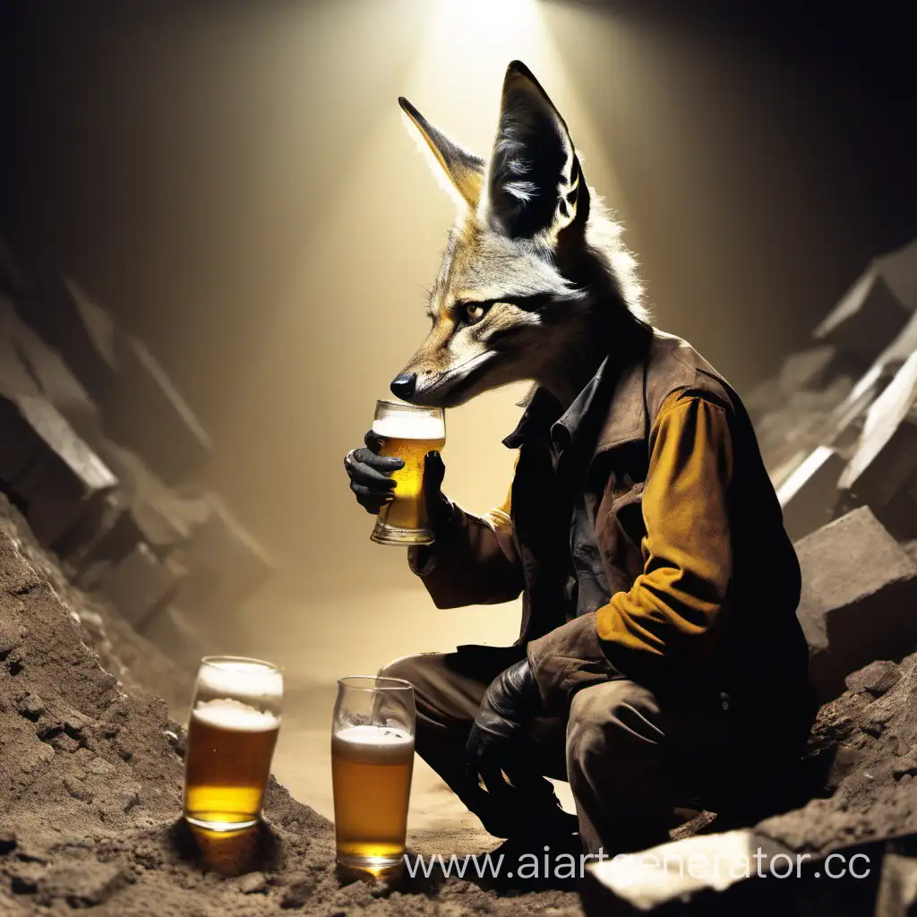 Животное шакал пьет пиво, параллельно работая в шахте