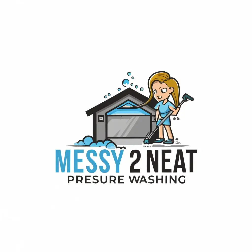 a logo design,with the text "Messy 2 Neat
Pressure Washing", main symbol:House, Water Truck with water sprayer sandy blonde girl,Moderate,be used in Home Family industry,clear background