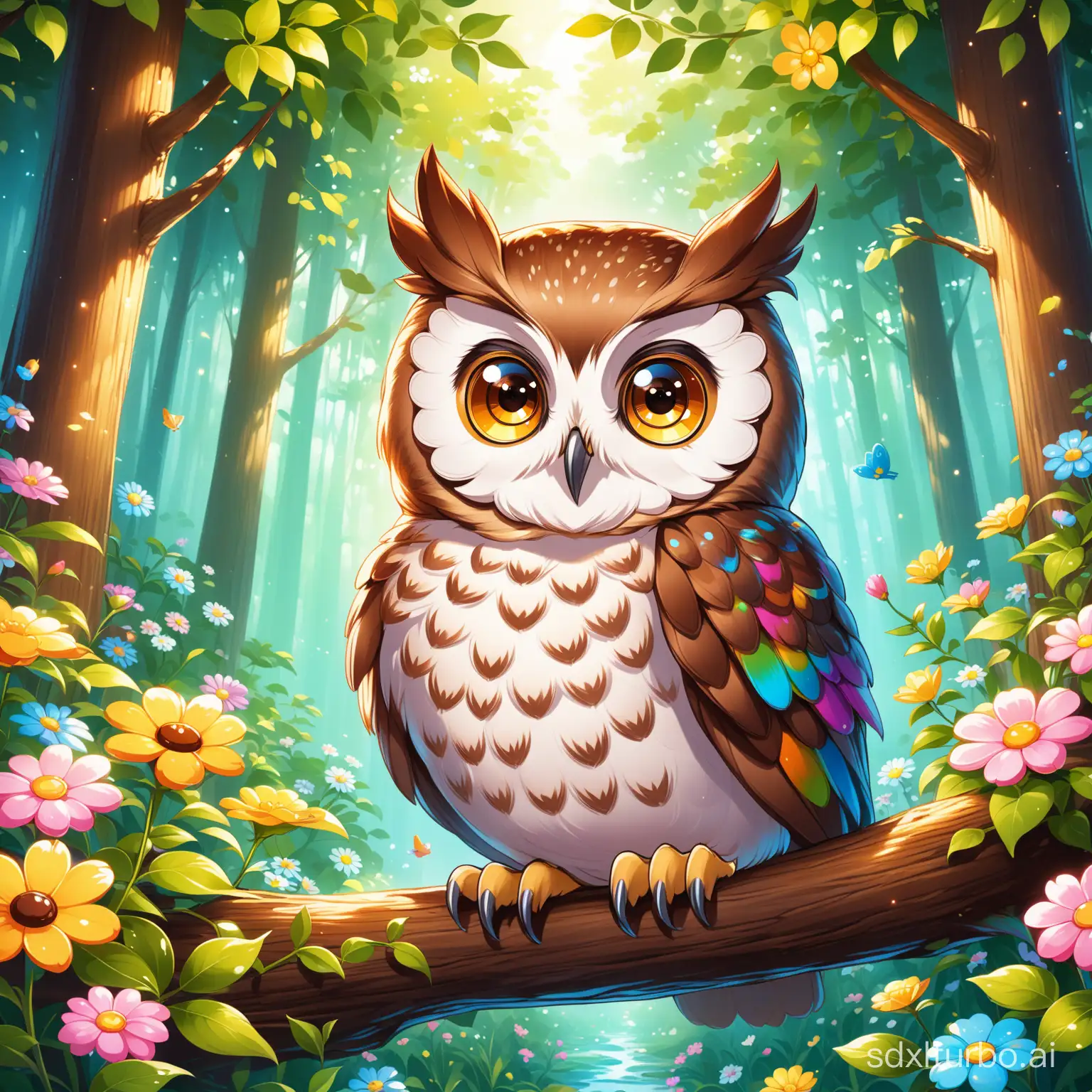 Fantasy-Cartoon-Owl-Portrait-Surrounded-by-Flowers-in-a-Forest-with-Children-Painting