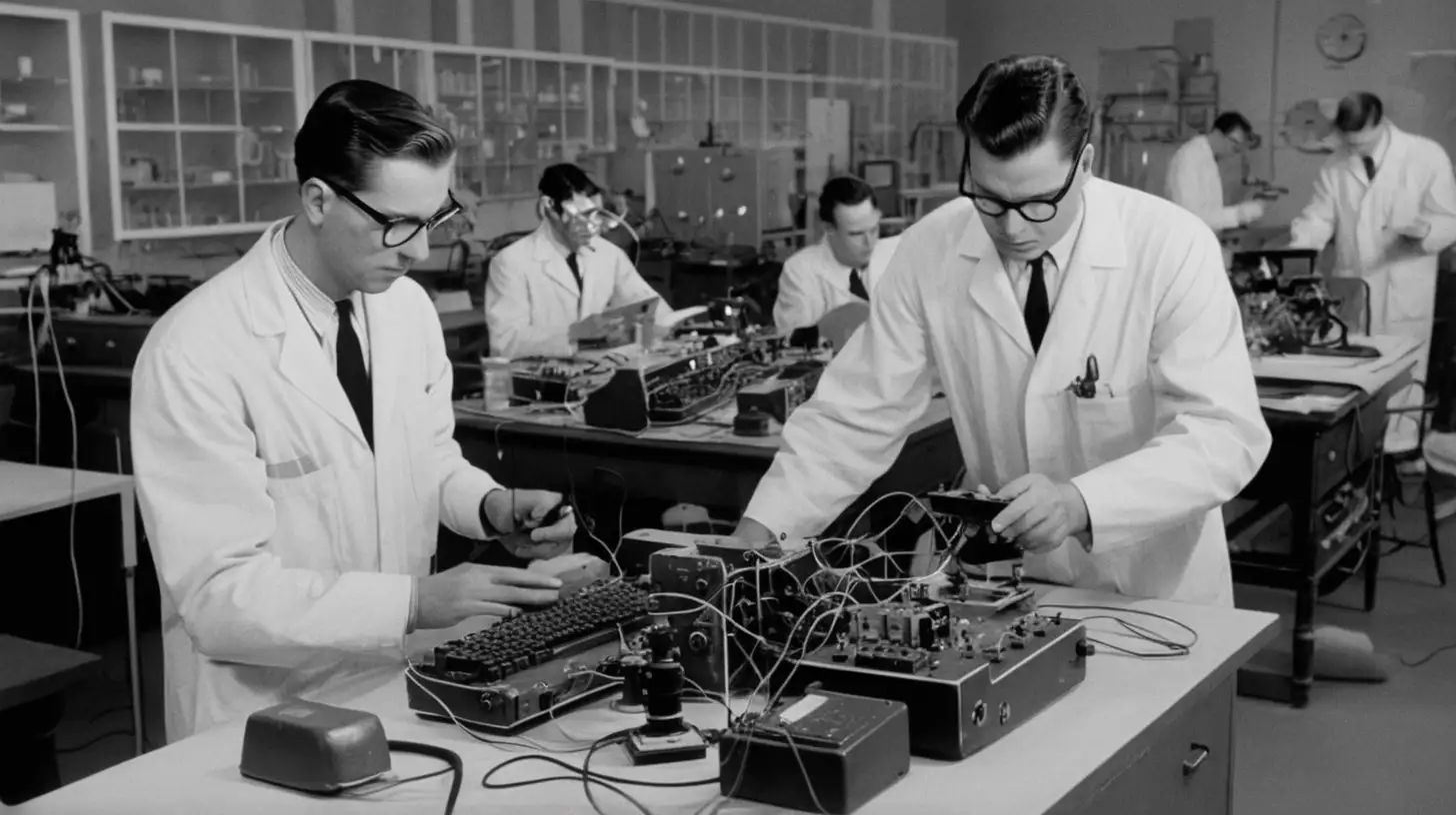 an Apple iPhone 14 is on a table in a cluttered 1950's laboratory with engineers testing the first computer ever built.