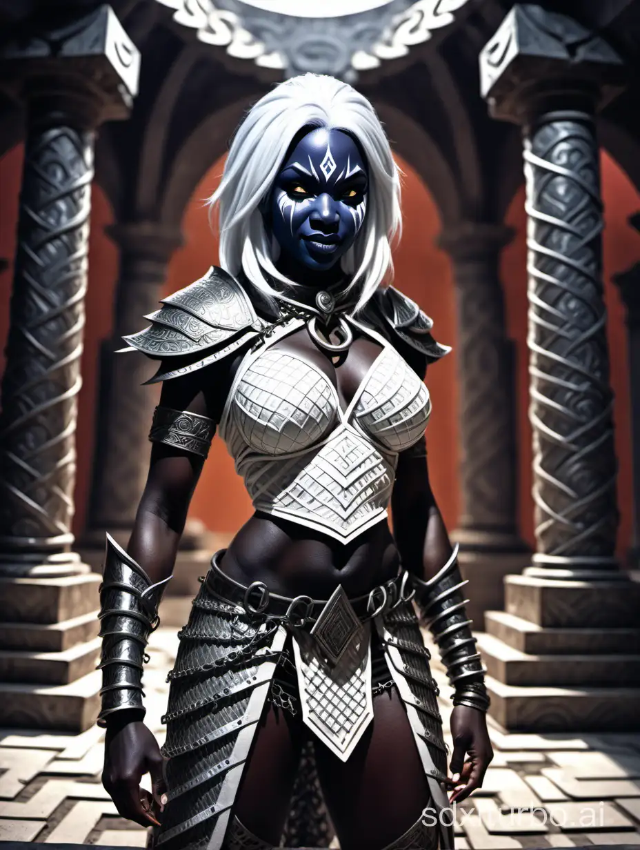 female drow warrior, black skin, white hair, chainmail, in a temple, exaggerated expression, smirking, full body, colored, high contrast, heavy lines, loose thick lines, exaggerated visible crosshatching, abstract