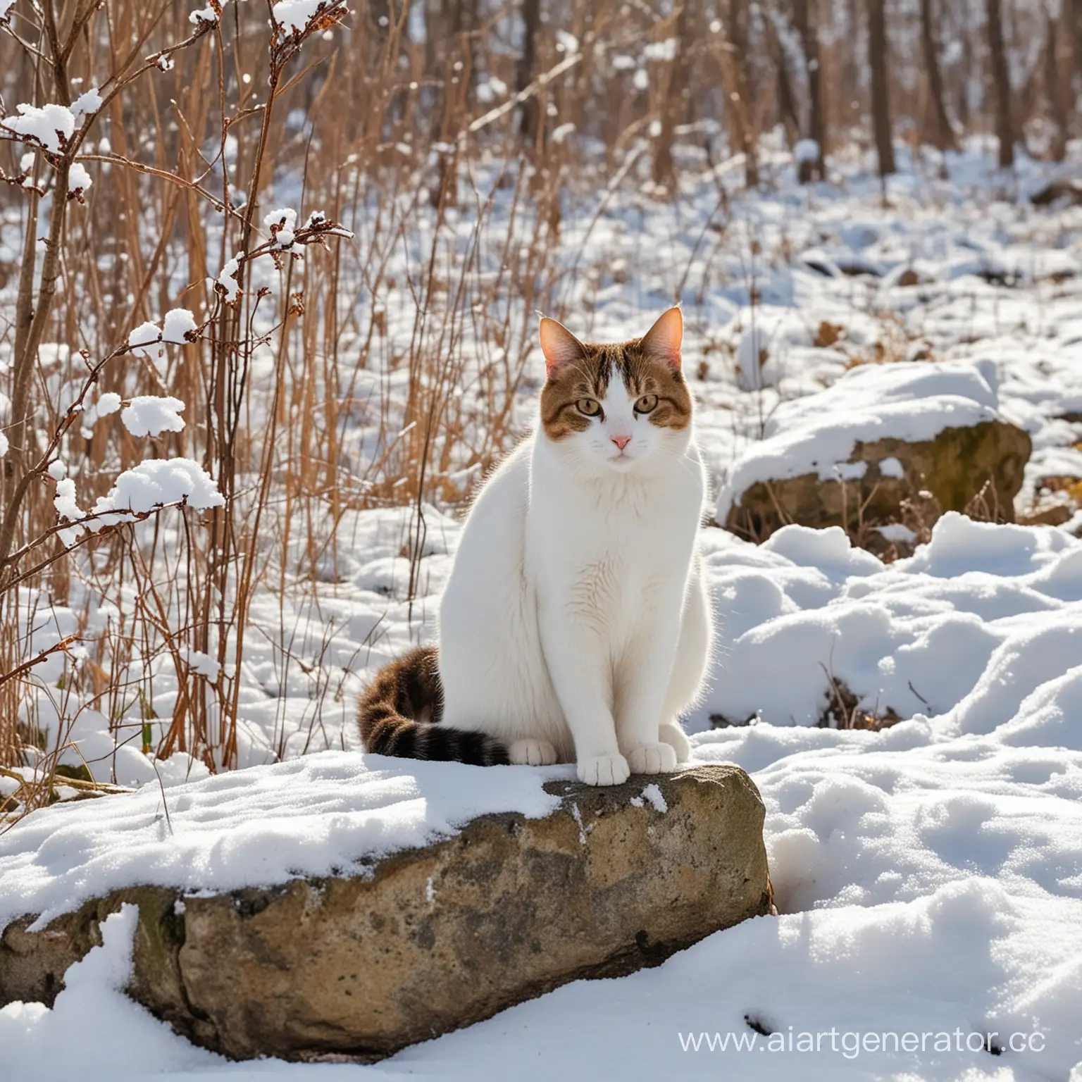 весенний лес, тает снег, впереди стоит камень на котором сидит кошка