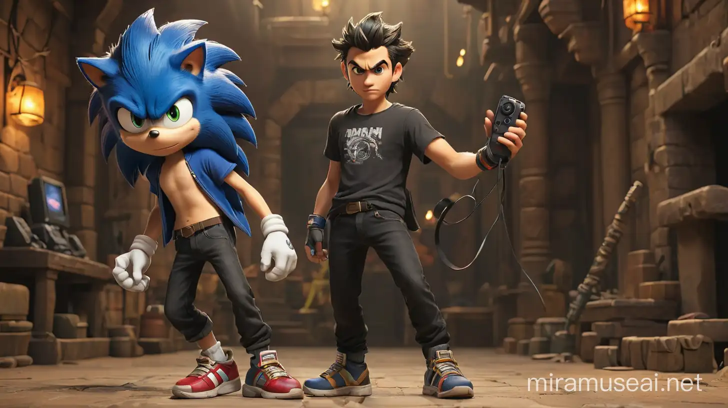 Prompt :
Game character Sonic the hedgehog is standing next to a Man wearing a t-shirt written “brilliant”, black jeans, and flip-flops.
Opening the VR glasses and holding the joystick controller sitting at SCORPION KING SK.
Background of the world in gaming.
Perfect RAW photo, Photography, lightskin, hyperdetailed, softlight, high detail, sharp focus, aesthetic, 8k uhd, dslr, high quality. 