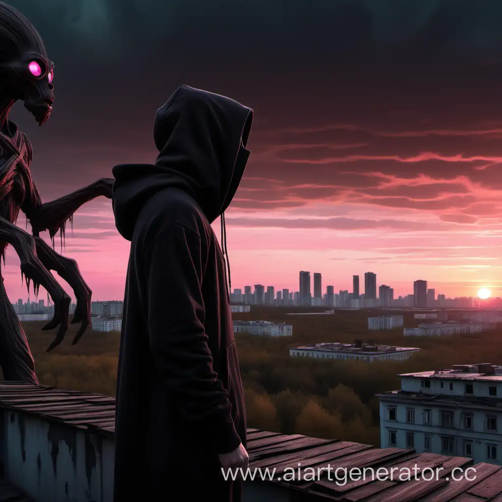 Enigmatic-Encounter-Hooded-Figure-Gazes-at-Wooden-Extraterrestrial-Creature-in-Soviet-Cityscape