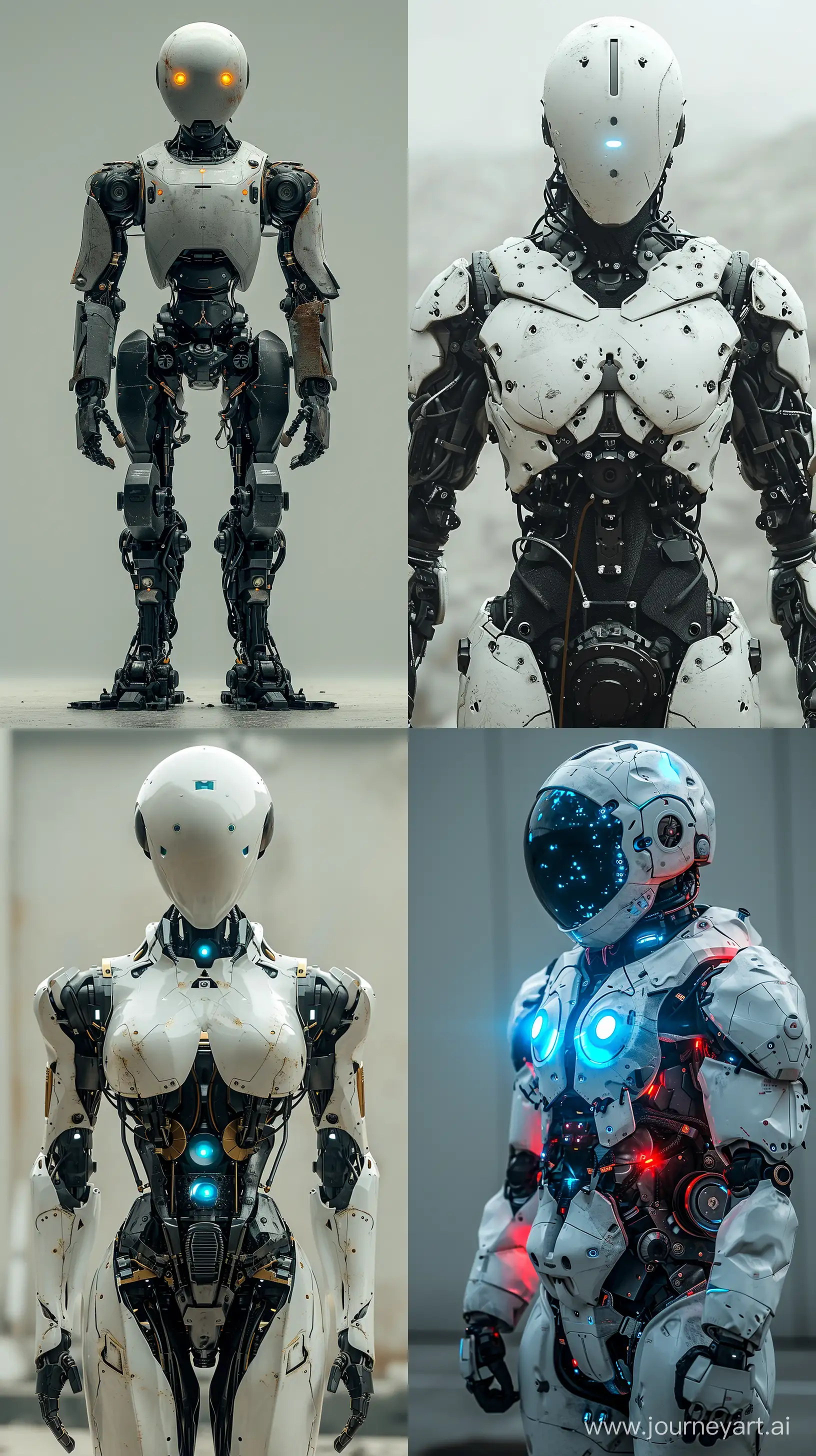 Робот стоит в полный рост со светящимися голубыми глазами, робот сломанный::1.2, поломанный робот, стоит в интересной необычной позе, 8K::1.2, V-ray, realism, --s 300 --ar 9:16