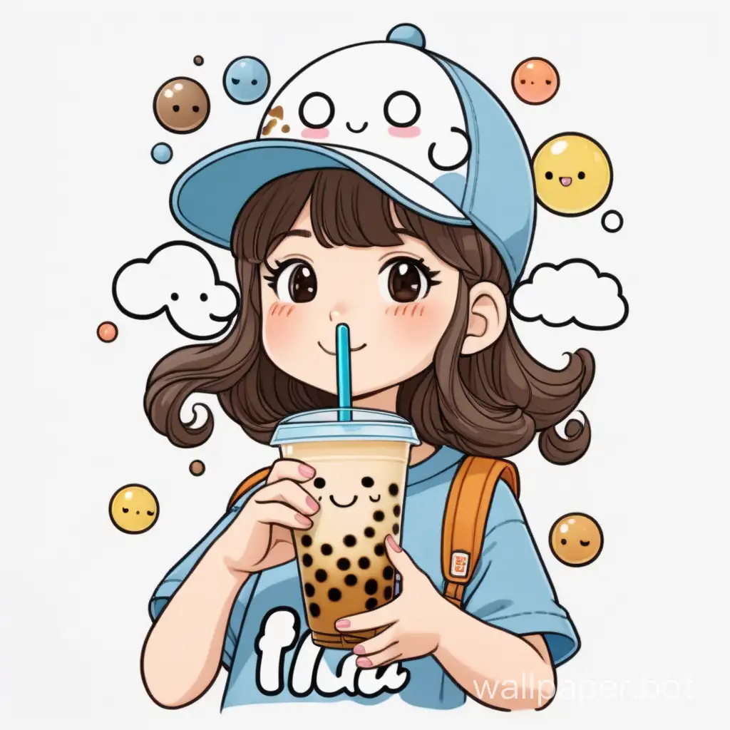 White background, cartoon girl holding a bubble tea cup, wearing a hat with cloud shapes, in an illustration cartoon style