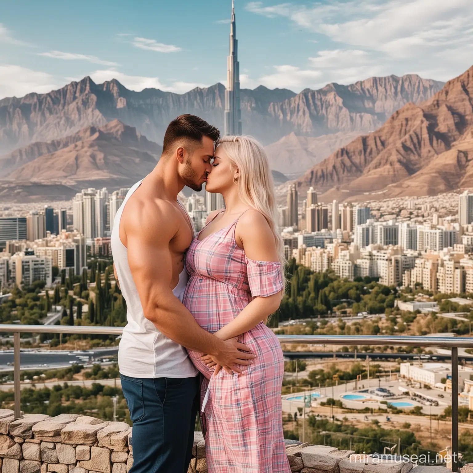 Make a cute couple. The woman has blonde and pink hair and blue eyes. The man is very muscular and has a checkered stomach, light brown and blond hair and blue eyes. The woman is pregnant and her husband hugs her and they kiss 😘. in the background there should be a huge mountain, a skyscraper like the one in Dubai, the Burj Khalifa floor should also have a beautiful sea with palm trees. The married couple built their huge luxury villa on the side of another mountain, they also have their own private plane with a private airport ❤️❤️❤️