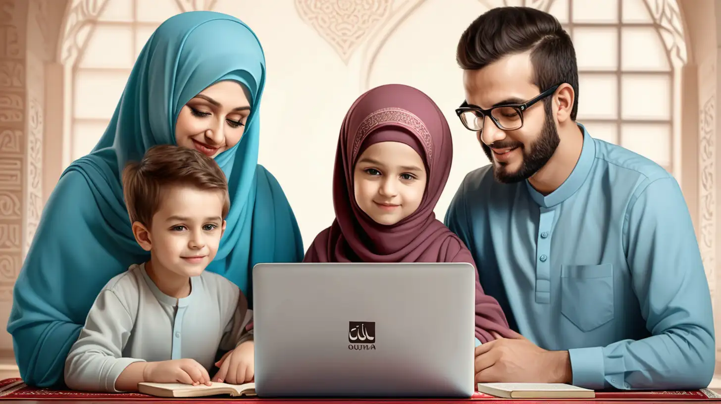 Online quran  classes
mother and father with boy and girl using laptop for class